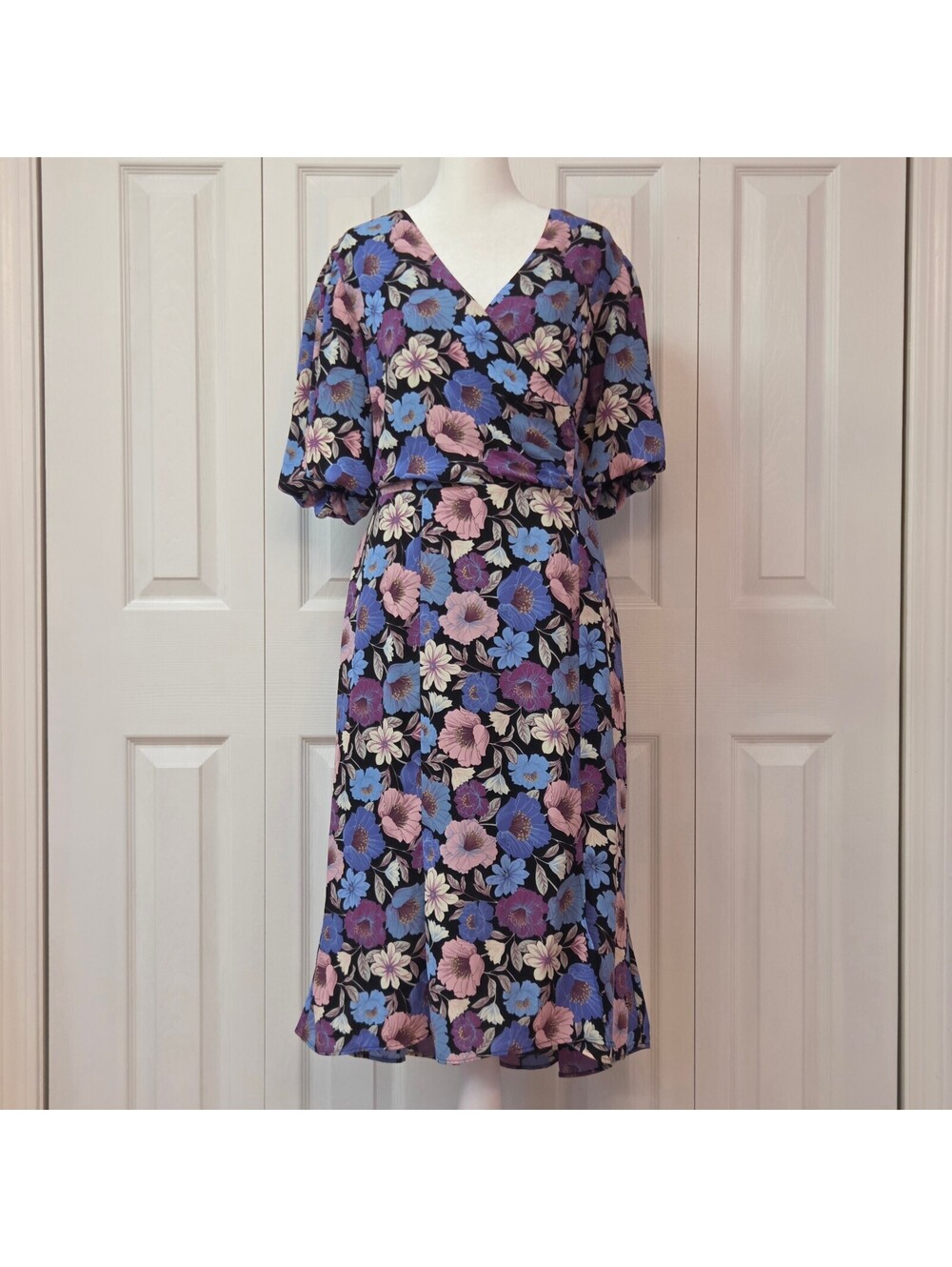 Blue & Purple Floral Print Puff Sleeve Midi Dress XL Romantic Retro Y2K Surplice